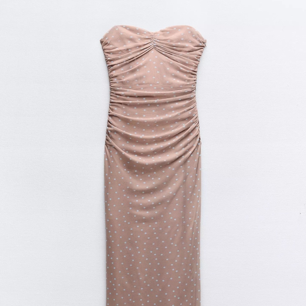 Zara Strapless Dress in Tan with Polka Dots